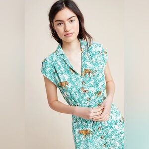 Anthropologie Maeve Catherine Shirt Dress | Green Tiger Print | Size 8
